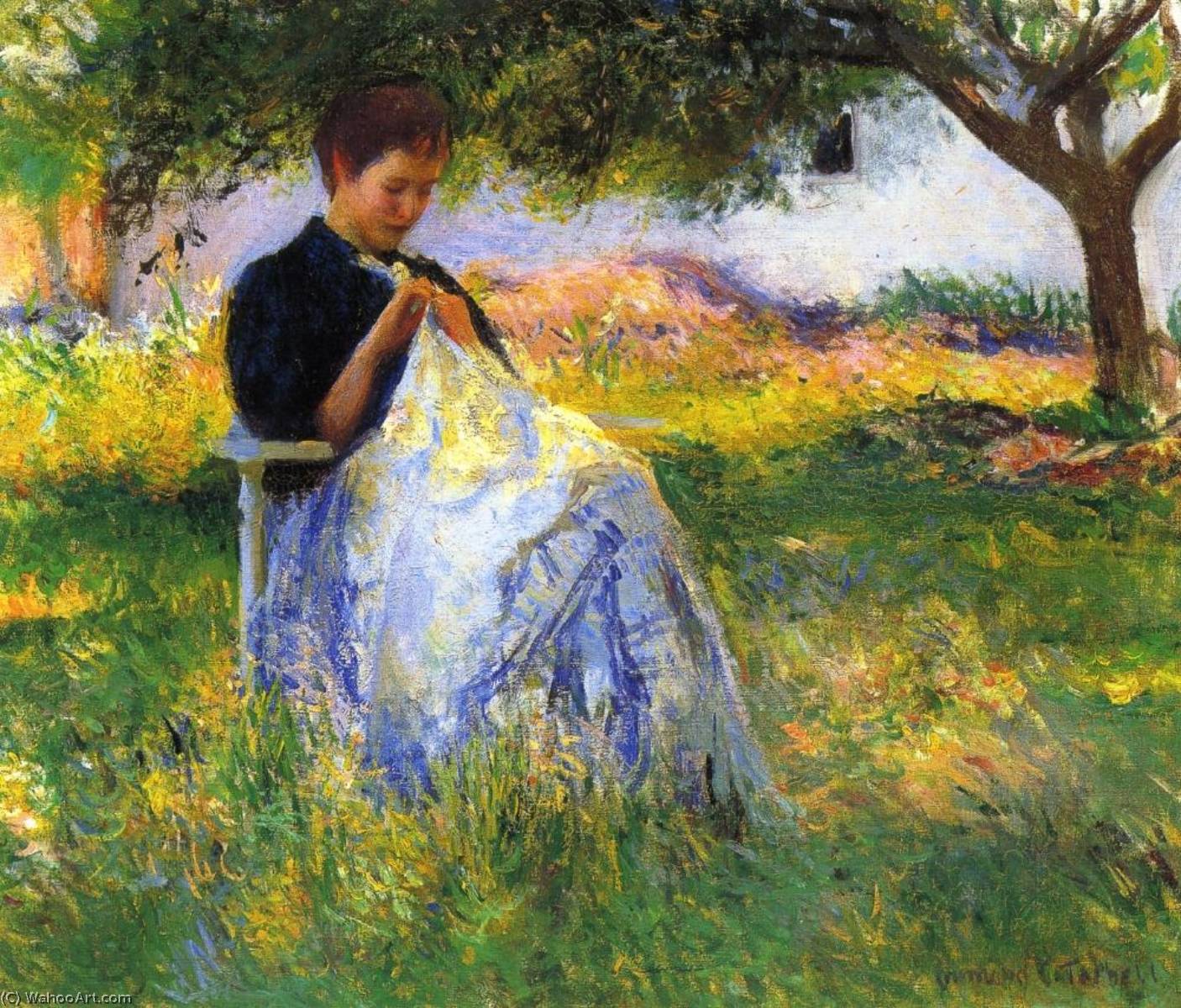 Wikioo.org - The Encyclopedia of Fine Arts - Painting, Artwork by Edmund Charles Tarbell - A Girl Sewing in an Orchard