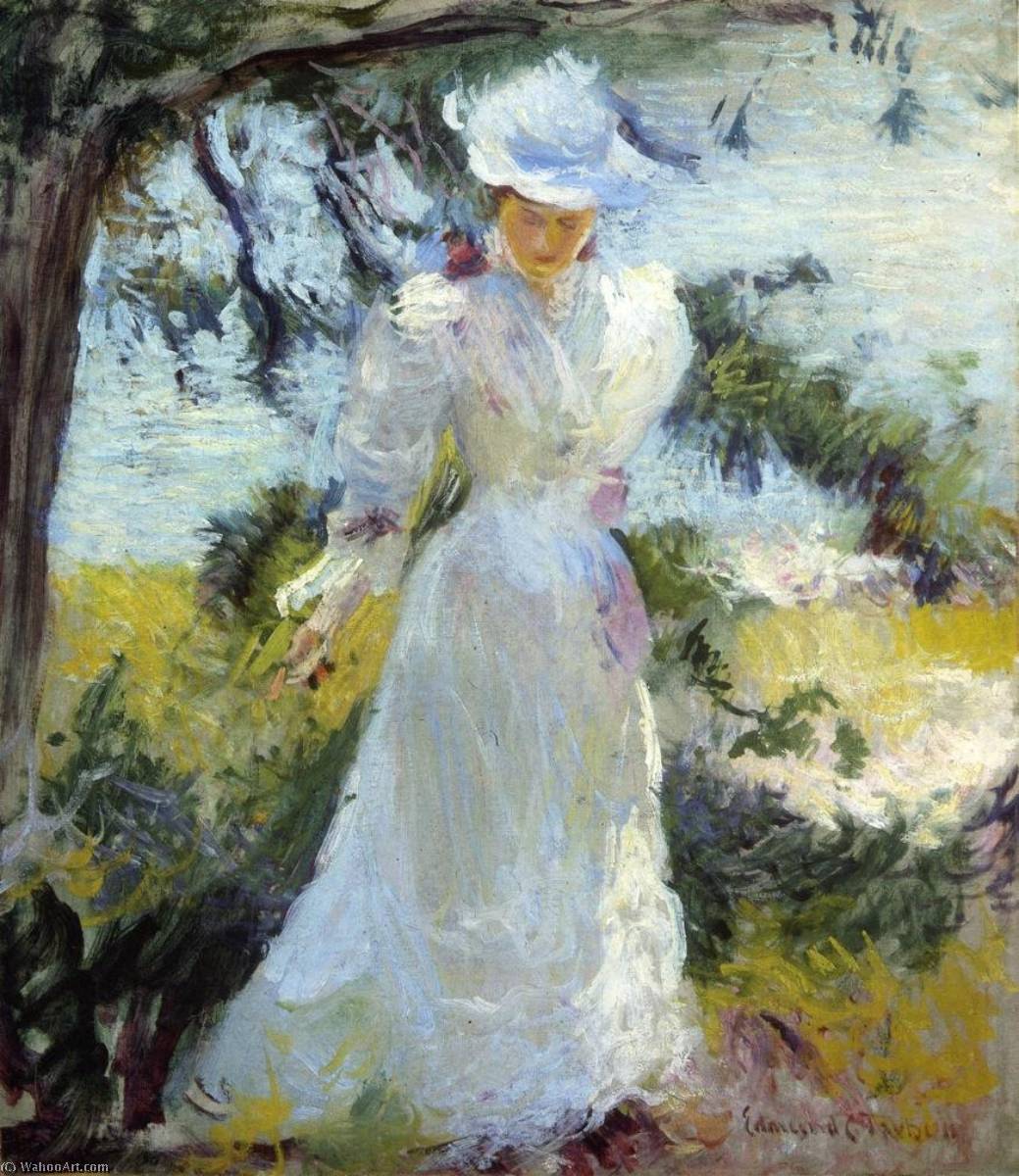 Wikioo.org – L'Enciclopedia delle Belle Arti - Pittura, Opere di Edmund Charles Tarbell - mia moglie , Emeline , in un giardino
