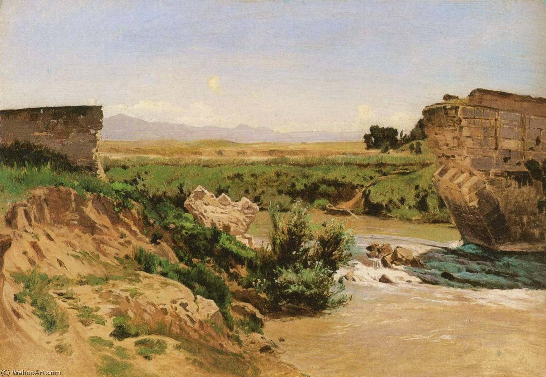 WikiOO.org - Encyclopedia of Fine Arts - Maleri, Artwork Carl Eduard Schuch - German Brückenruine an einem Flußlauf