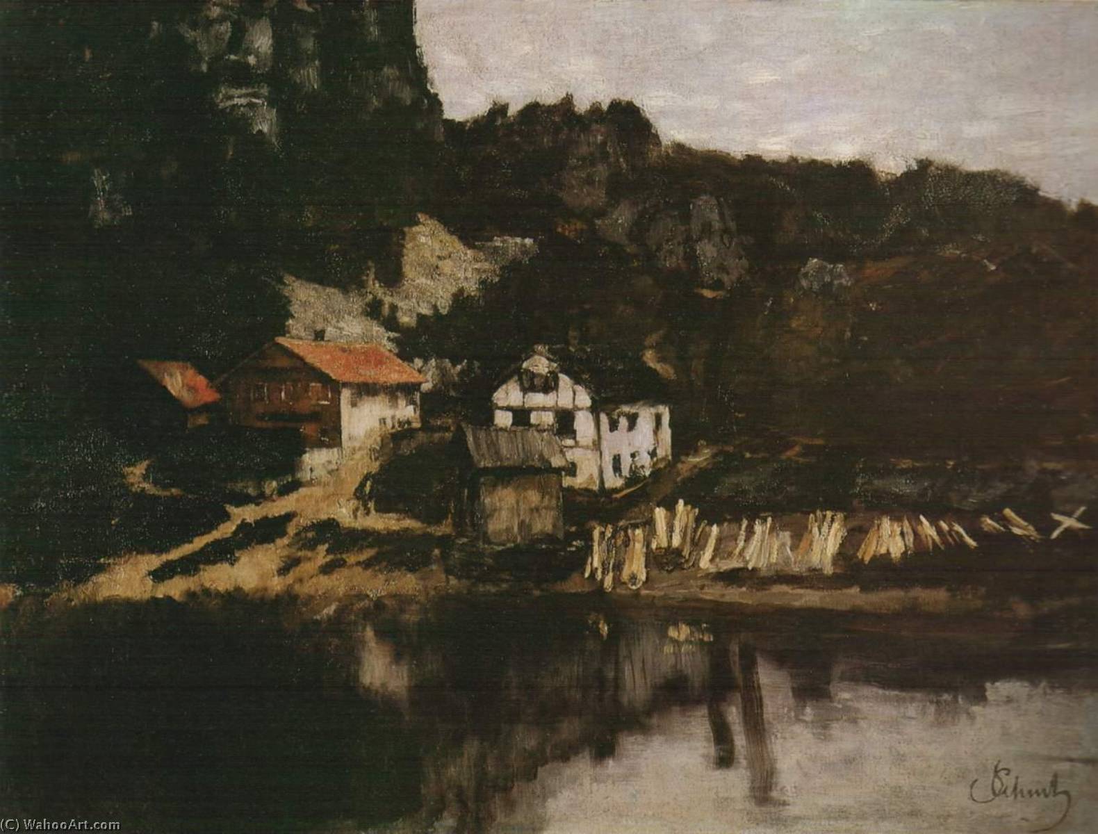 WikiOO.org - Encyclopedia of Fine Arts - Maleri, Artwork Carl Eduard Schuch - German Häuser am Feldabhang, Saut du Doubs