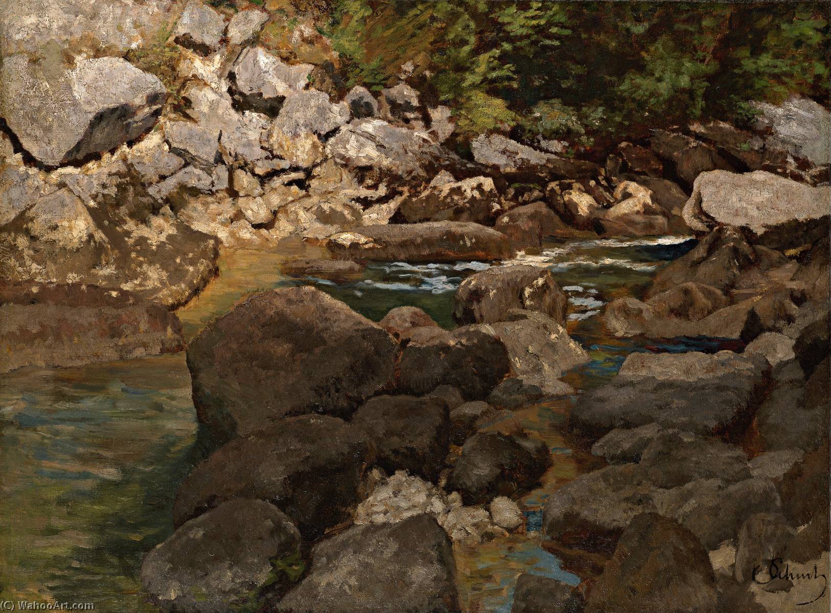 Wikioo.org - The Encyclopedia of Fine Arts - Painting, Artwork by Carl Eduard Schuch - Deutsch Gebirgsbach mit Felsblöcken English Mountain Stream with Boulders
