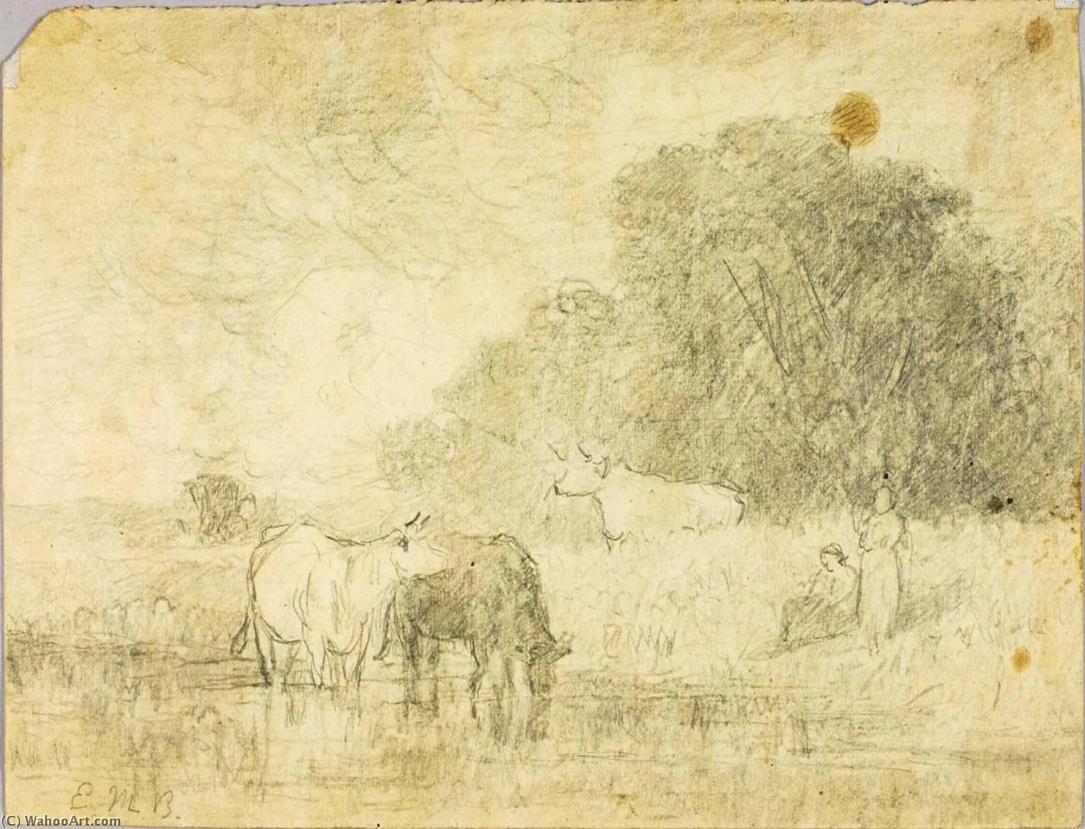 Wikioo.org - The Encyclopedia of Fine Arts - Painting, Artwork by Edward Mitchell Bannister - Landscape with Cows at Pond, Two Figures