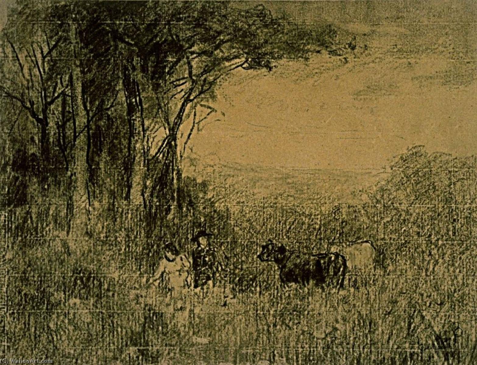 WikiOO.org - Encyclopedia of Fine Arts - Lukisan, Artwork Edward Mitchell Bannister - Landscape with Cows and Figures Moving through Pasture