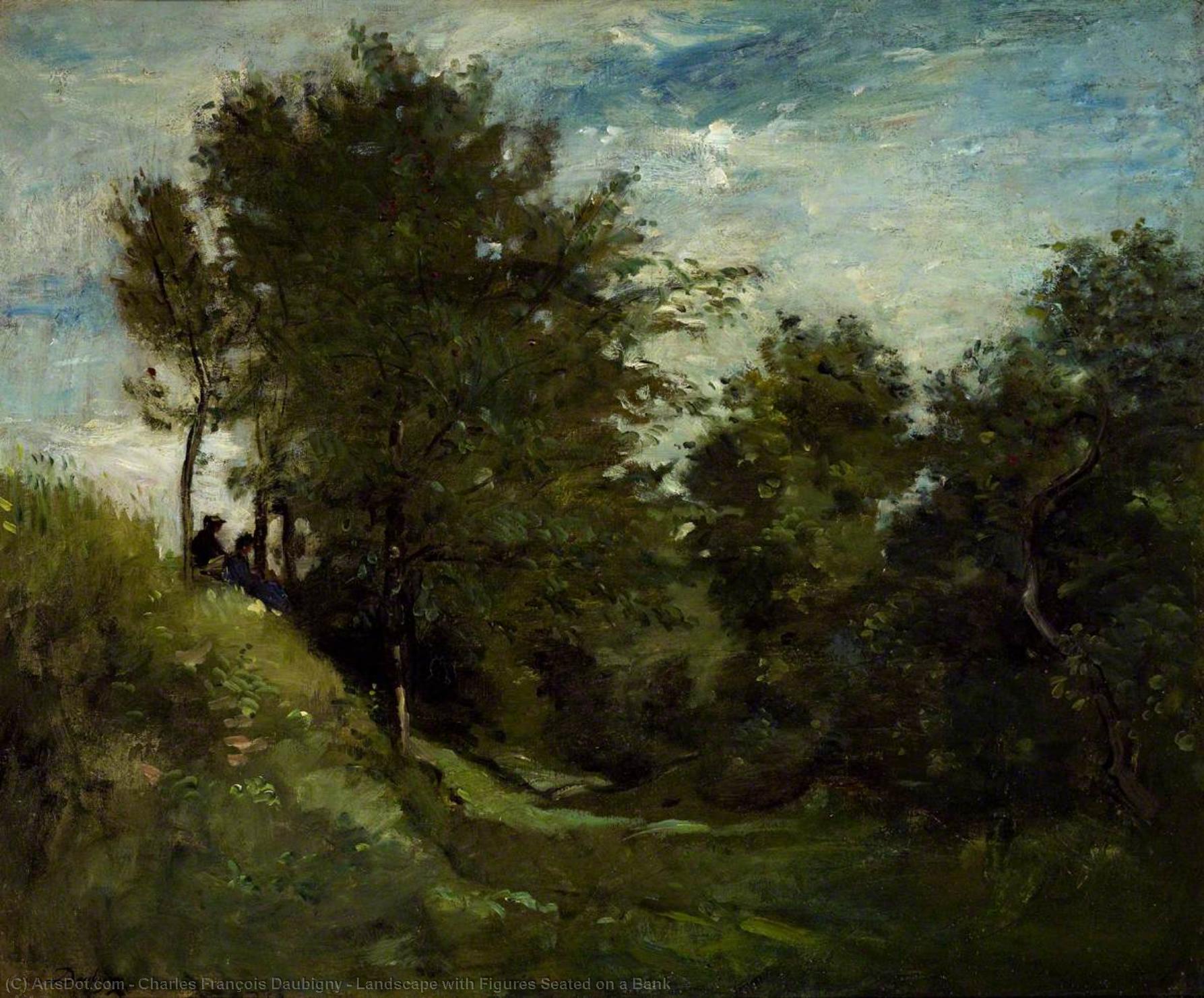 Wikioo.org - The Encyclopedia of Fine Arts - Painting, Artwork by Charles François Daubigny - Landscape with Figures Seated on a Bank