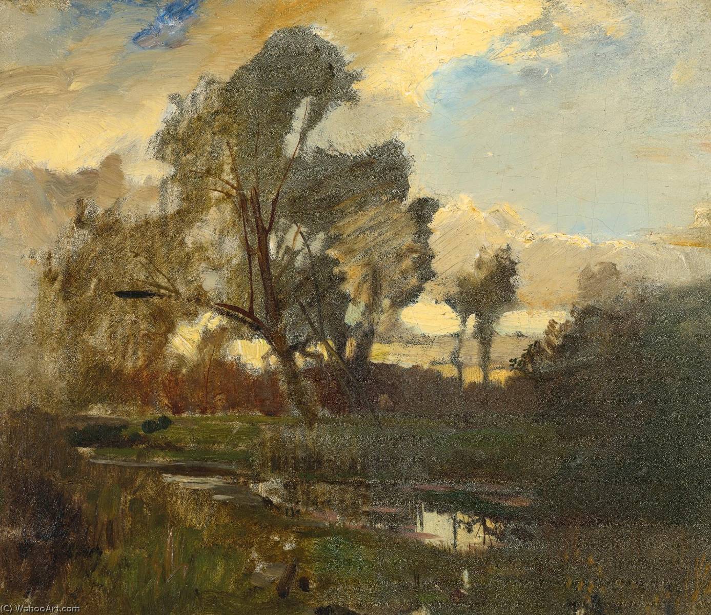 Wikioo.org - The Encyclopedia of Fine Arts - Painting, Artwork by Emil Jacob Schindler - Scene from the Prater Ducks in a River by a Farmhouse two works