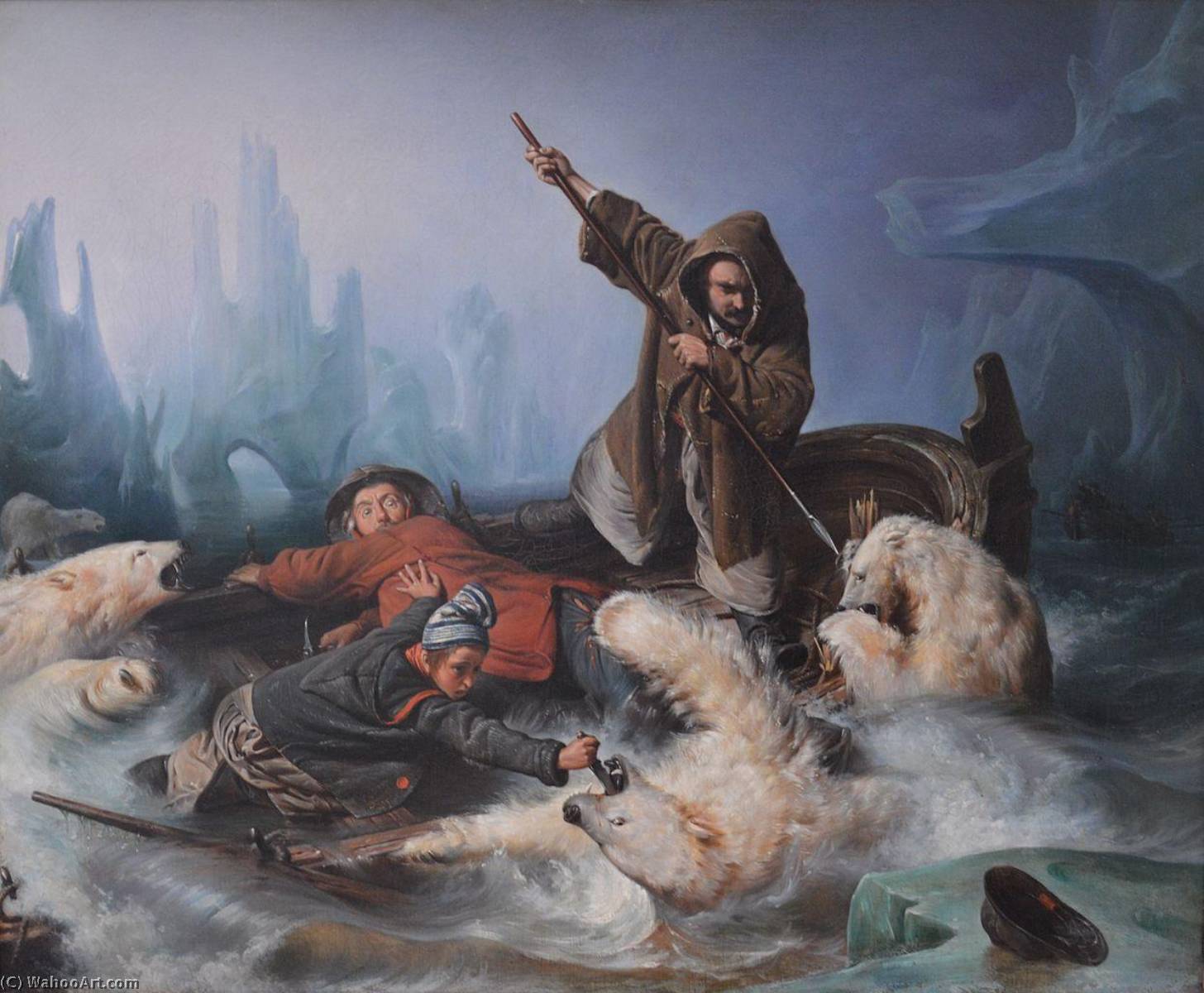 Wikioo.org - The Encyclopedia of Fine Arts - Painting, Artwork by Francois Auguste Biard - Fight with Polar Bears