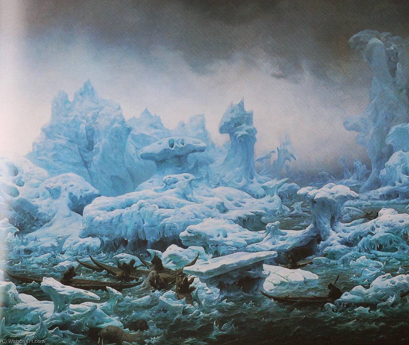 Wikioo.org - สารานุกรมวิจิตรศิลป์ - จิตรกรรม Francois Auguste Biard - Greenlander Chasing Walrusses in the Arctic Sea
