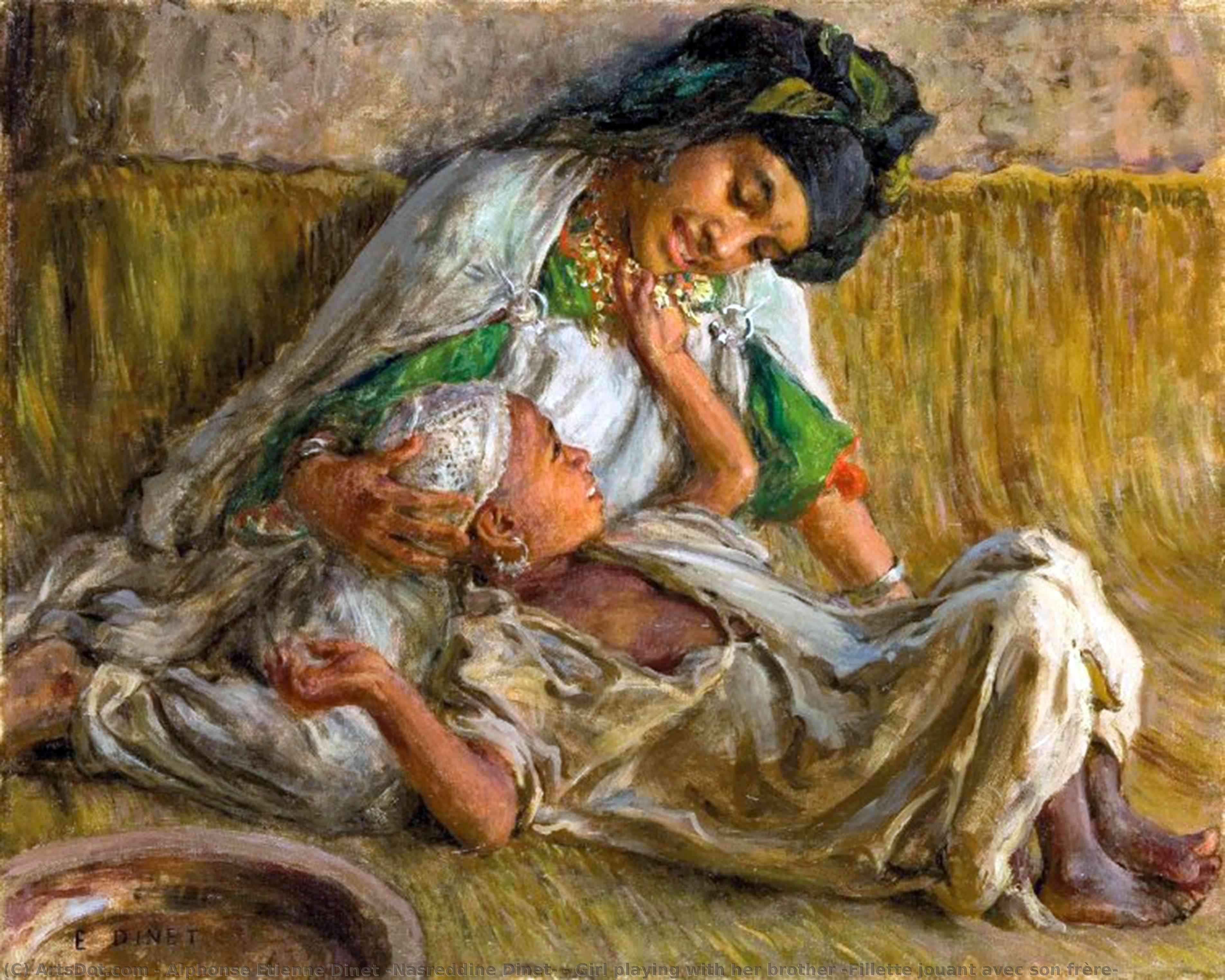 Wikioo.org - The Encyclopedia of Fine Arts - Painting, Artwork by Alphonse Etienne Dinet (Nasreddine Dinet) - Girl playing with her brother (Fillette jouant avec son frère)