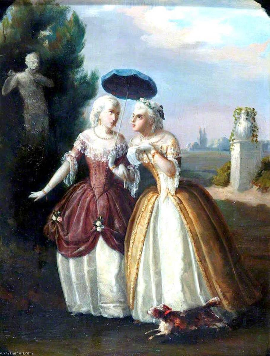 WikiOO.org - Encyclopedia of Fine Arts - Schilderen, Artwork Francois Bocion - Ladies in Conversation An Eighteenth Century Costume Piece