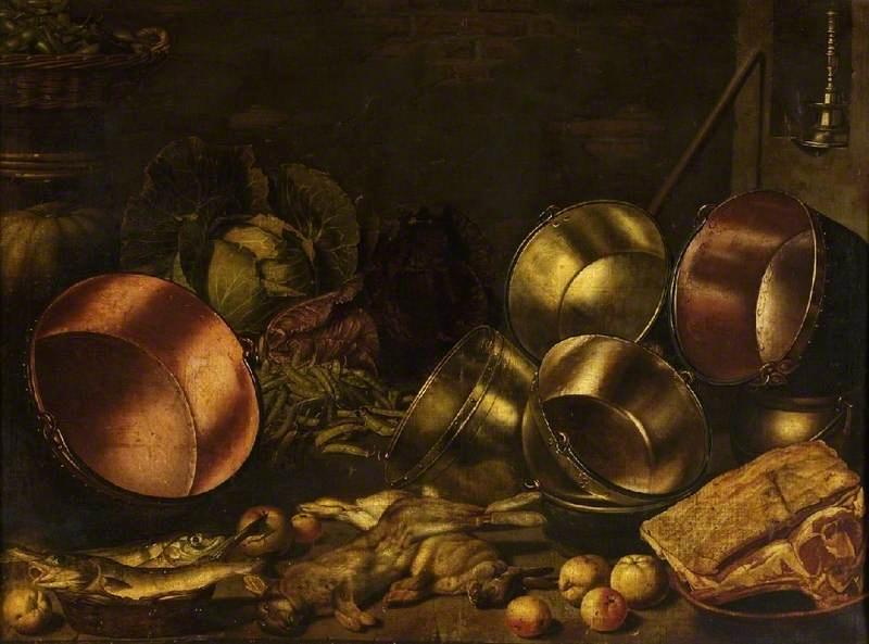 Wikioo.org – La Enciclopedia de las Bellas Artes - Pintura, Obras de arte de Floris Van Schooten - Utensilios de cocina carne  asícomo  vegetales