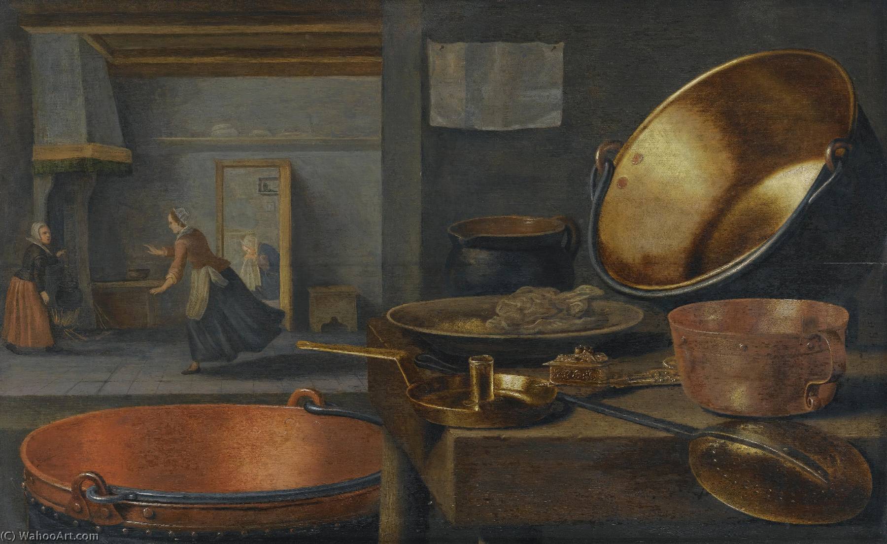Wikioo.org - The Encyclopedia of Fine Arts - Painting, Artwork by Floris Van Schooten - a Kitchen Still Life with pots and pans on a stone ledge and animated figures in the background