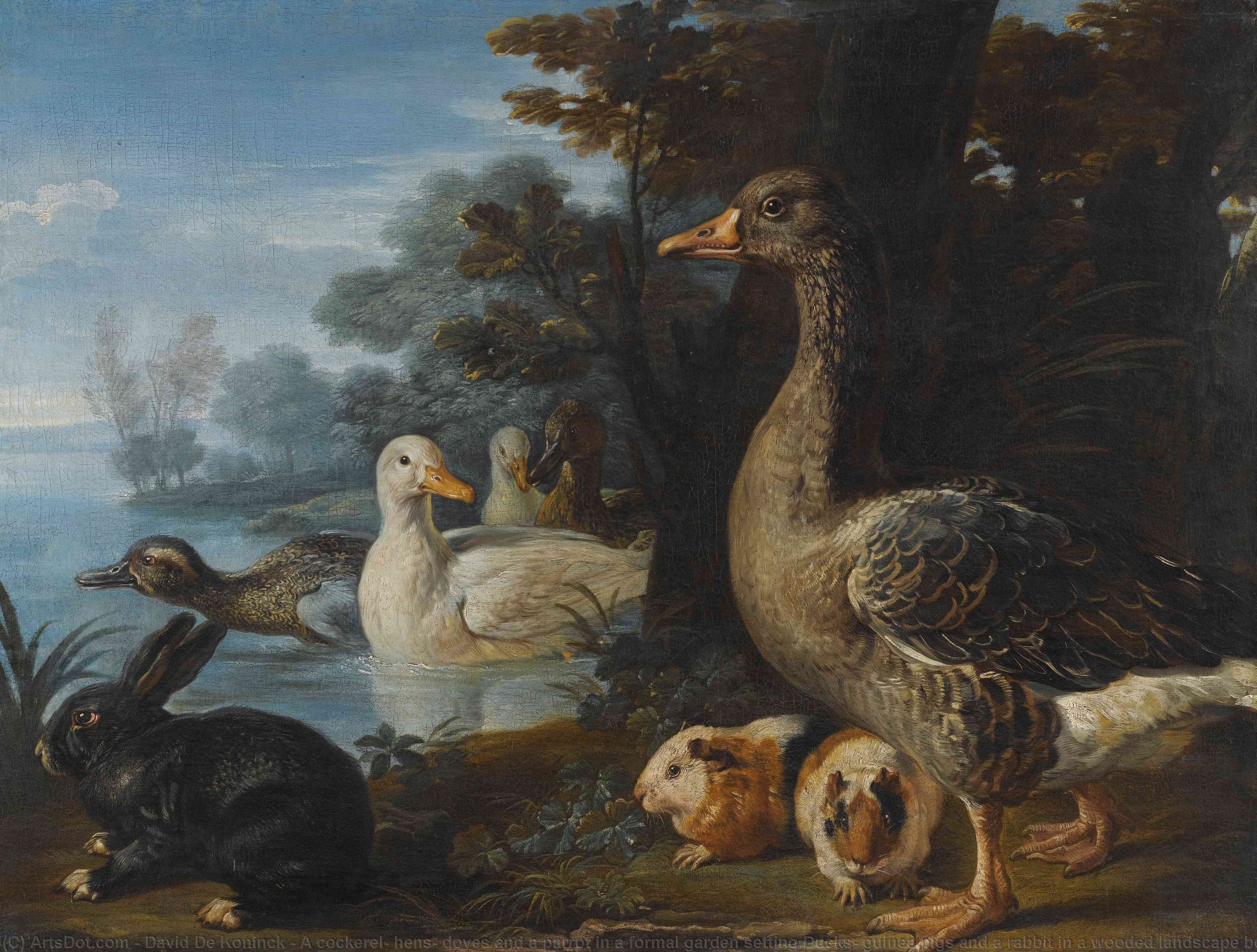 Wikioo.org - The Encyclopedia of Fine Arts - Painting, Artwork by David De Koninck - A cockerel, hens, doves and a parrot in a formal garden setting Ducks, guinea pigs and a rabbit in a wooded landscape beside a lake