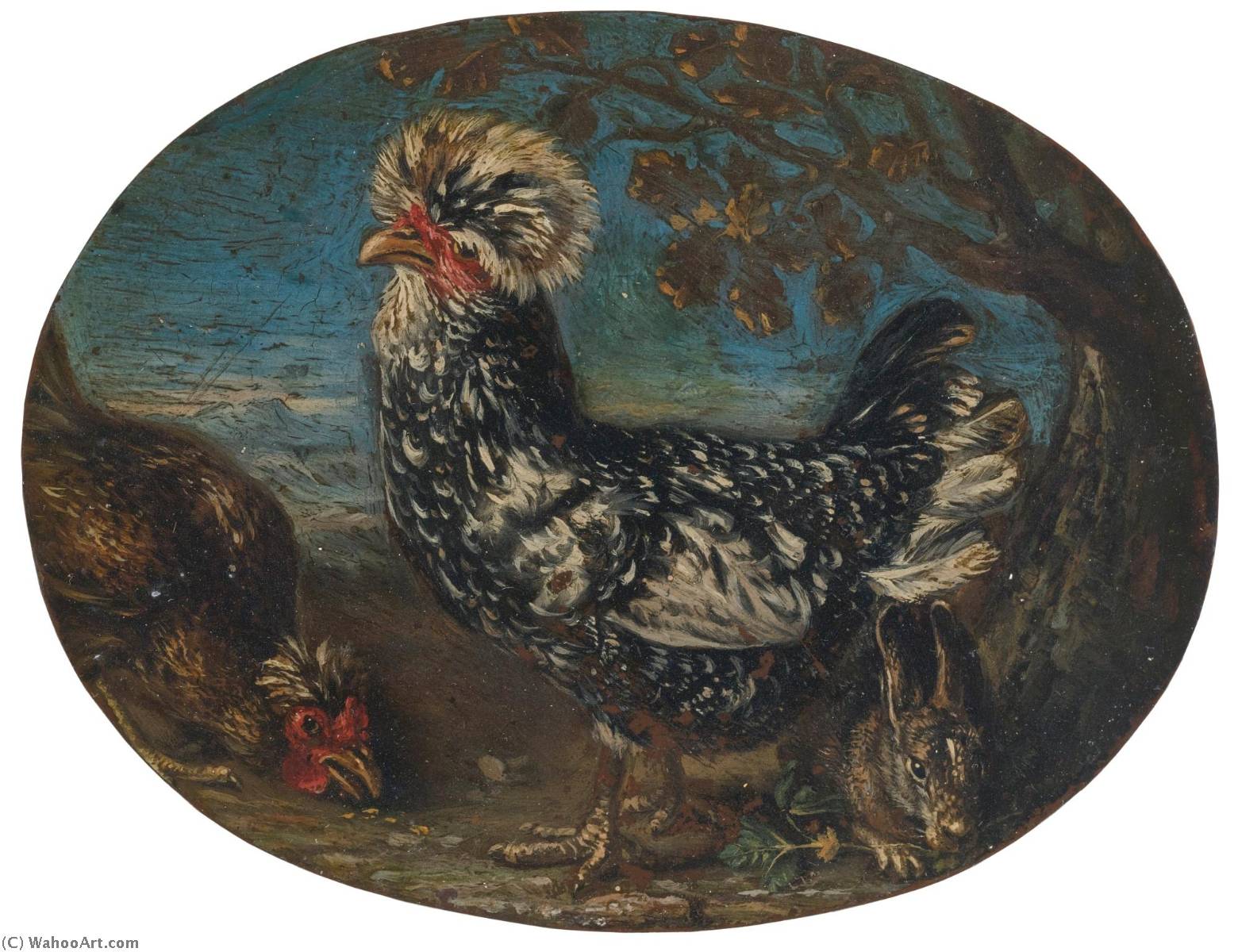Wikioo.org - The Encyclopedia of Fine Arts - Painting, Artwork by David De Koninck - Roosters and a rabbit in a landscape