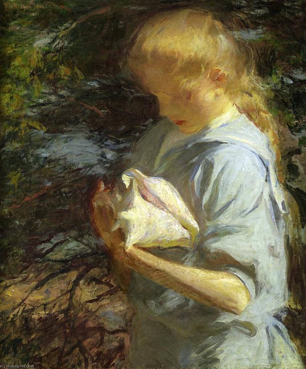 Wikioo.org - The Encyclopedia of Fine Arts - Painting, Artwork by Frank Weston Benson - Eleanor Holding a Shell, North Haven, Maine