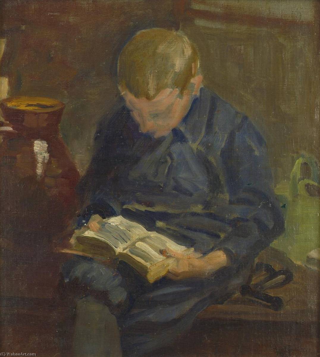 Wikioo.org - The Encyclopedia of Fine Arts - Painting, Artwork by Fritz Von Uhde - Studie eines lesenden Knaben neben einem tönernen Krug