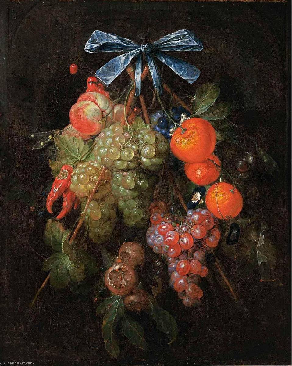 Wikioo.org - The Encyclopedia of Fine Arts - Painting, Artwork by Cornelis Jansz De Heem - A Festoon of Grapes, a Peach, Oranges, Cherries, Red Peppers, etc
