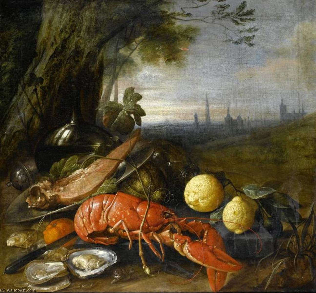 Wikioo.org - The Encyclopedia of Fine Arts - Painting, Artwork by Cornelis Jansz De Heem - Lemons with oysters, a lobster, melons and a bottle of wine at the foot of a tree