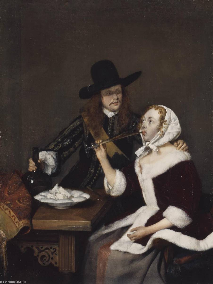 Wikioo.org - The Encyclopedia of Fine Arts - Painting, Artwork by Gerard Ter Borch The Younger - A Gentleman Pressing a Lady to Drink