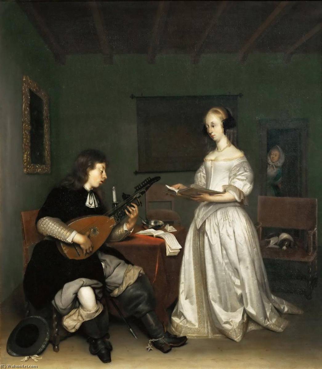Wikioo.org - The Encyclopedia of Fine Arts - Painting, Artwork by Gerard Ter Borch The Younger - Duo, Singer and Theorbo Player