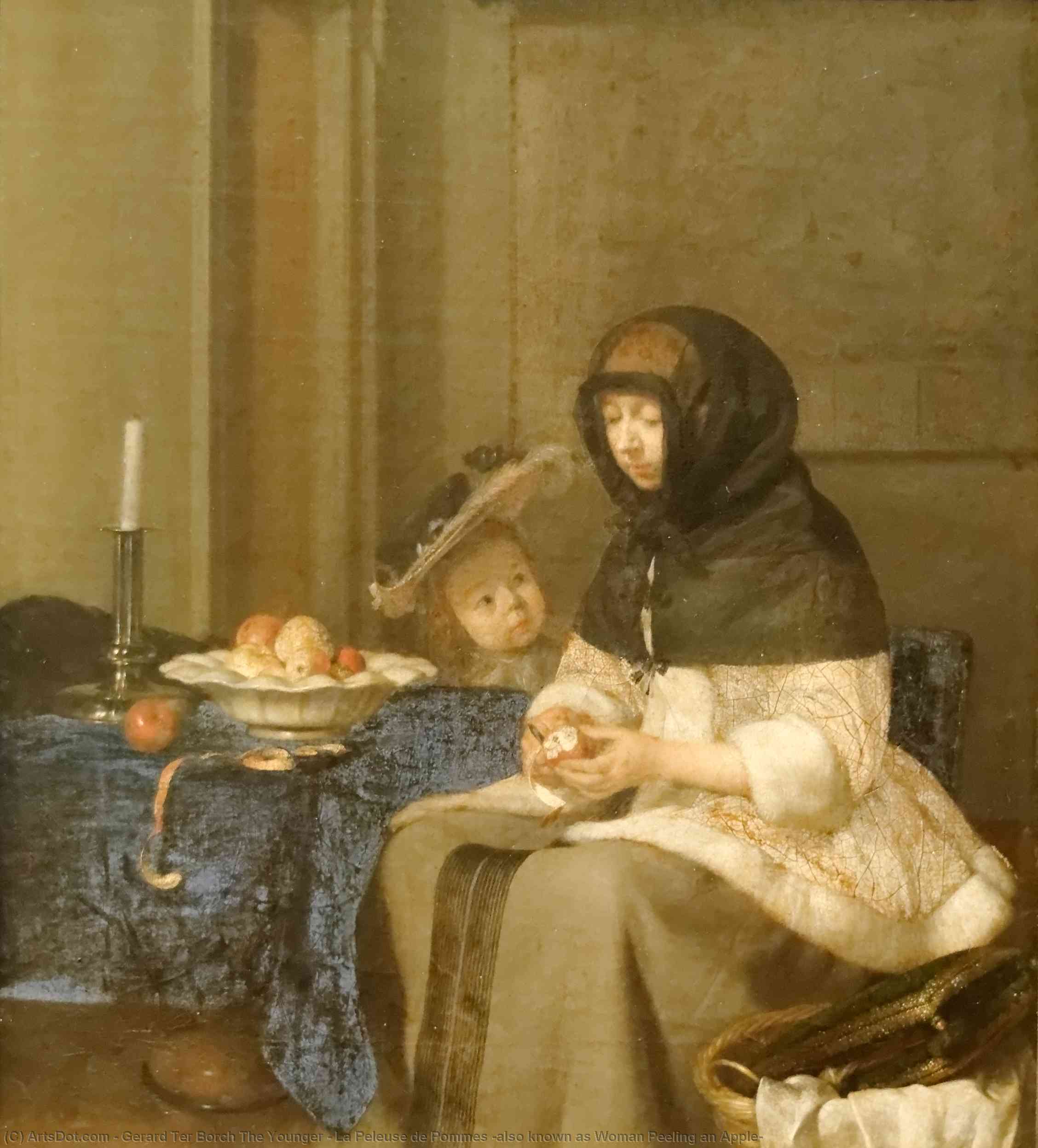 WikiOO.org - Enciklopedija dailės - Tapyba, meno kuriniai Gerard Ter Borch The Younger - La Peleuse de Pommes (also known as Woman Peeling an Apple)
