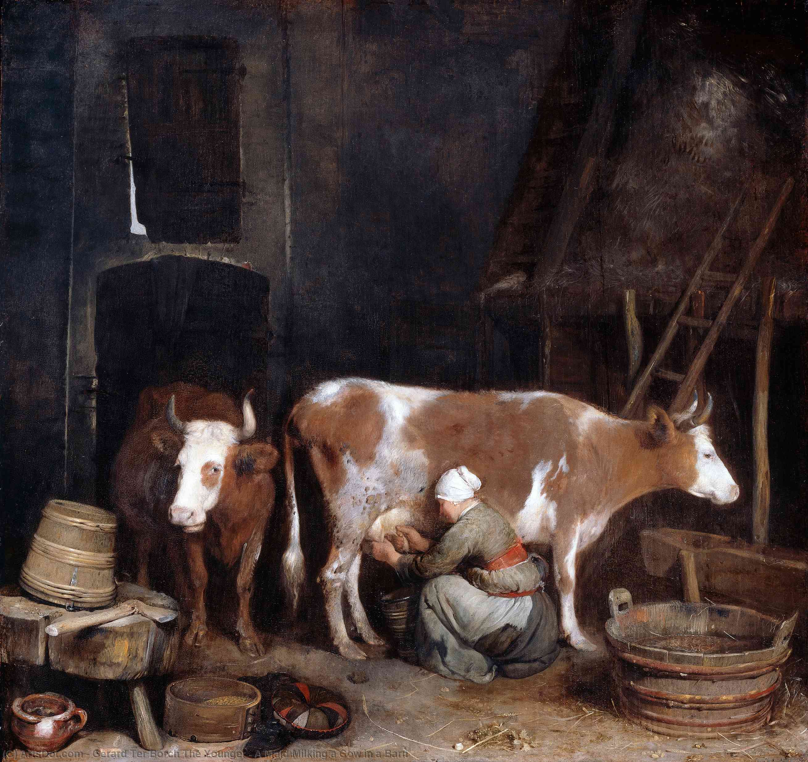 Wikioo.org – L'Enciclopedia delle Belle Arti - Pittura, Opere di Gerard Ter Borch The Younger - Una cameriera che munge una mucca in un fienile