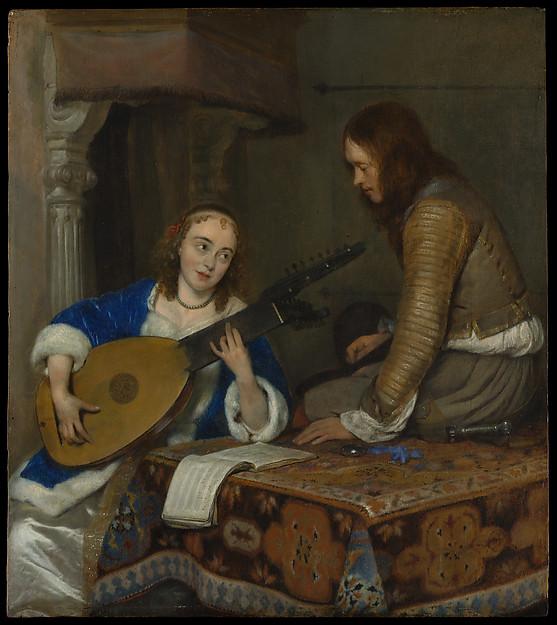 Wikioo.org - The Encyclopedia of Fine Arts - Painting, Artwork by Gerard Ter Borch The Younger - A Woman Playing the Theorbo Lute and a Cavalier