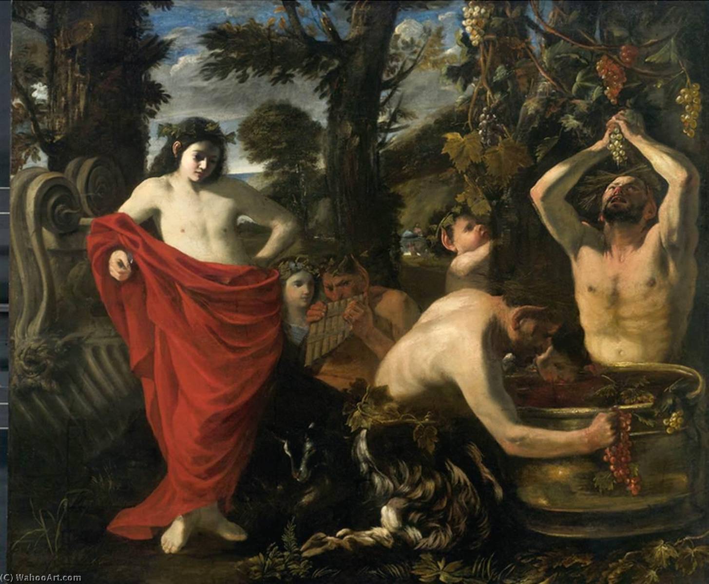 Wikioo.org - The Encyclopedia of Fine Arts - Painting, Artwork by Pier Francesco Mola - Bacchus Overseeing the Crushing of Grapes by His Satyrs