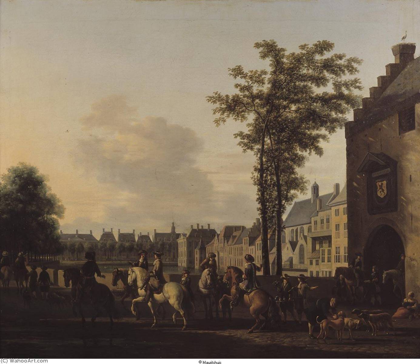 Wikioo.org - The Encyclopedia of Fine Arts - Painting, Artwork by Gerrit Adriaenszoon Berckheyde - A Hunting Party near the Hofvijver in The Hague