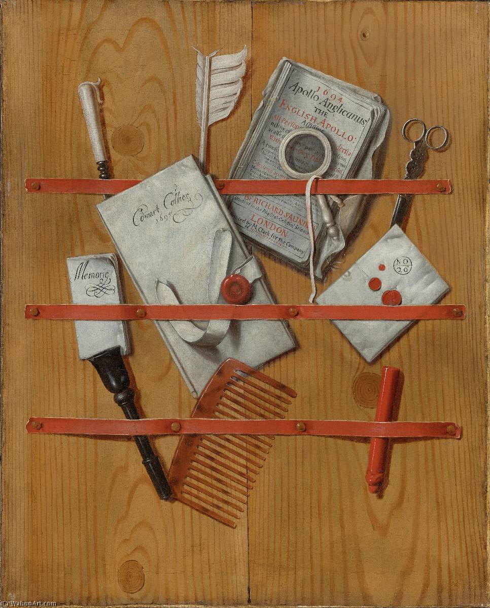 Wikioo.org - The Encyclopedia of Fine Arts - Painting, Artwork by Edwaert Collier - A Trompe L'Oeil Still Life with letters, a magazine, a notebook, a magnifying glass, scissors, a quill, a letter opener and a tortoise shell comb