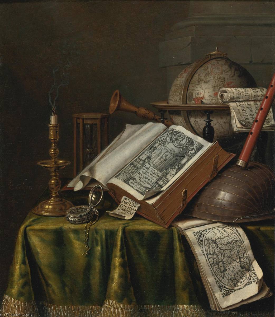 Wikioo.org - The Encyclopedia of Fine Arts - Painting, Artwork by Edwaert Collier - Vanitas still life with a candlestick, books, musical instruments, an astrological globe, a pocket watch, and an hourglass all on a draped table