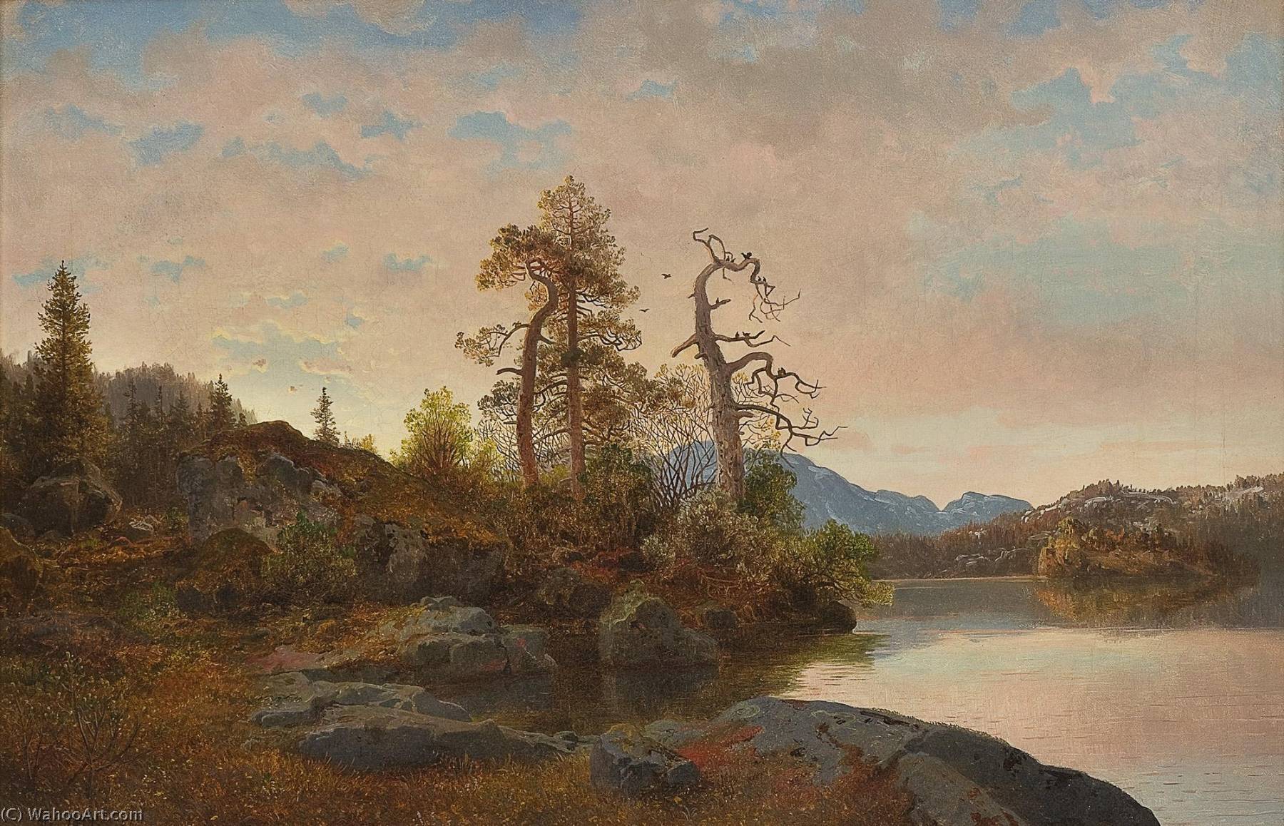 Wikioo.org - The Encyclopedia of Fine Arts - Painting, Artwork by Hans Fredrik Gude - Forest Landscape with Lake