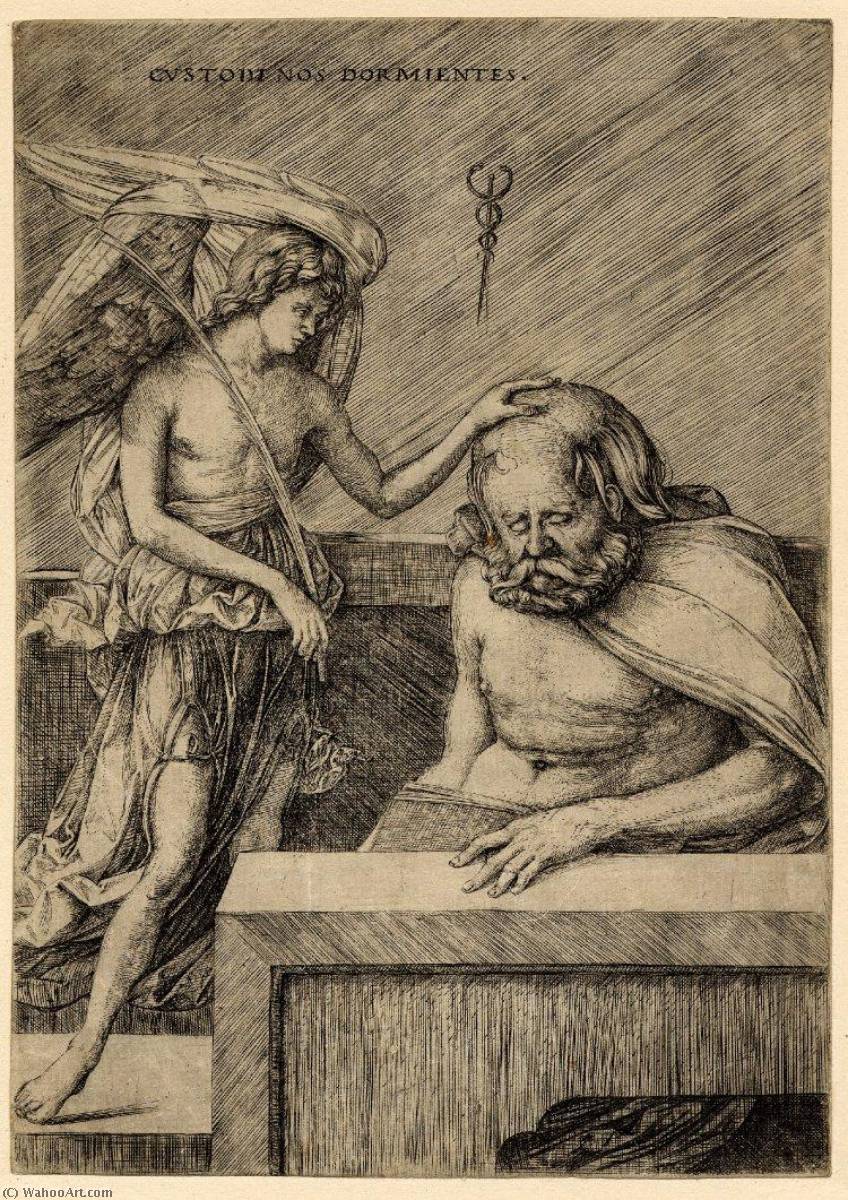 Wikioo.org - The Encyclopedia of Fine Arts - Painting, Artwork by Jacopo Barbari - The guardian angel, standing, placing his hand on the head of a sleeping man