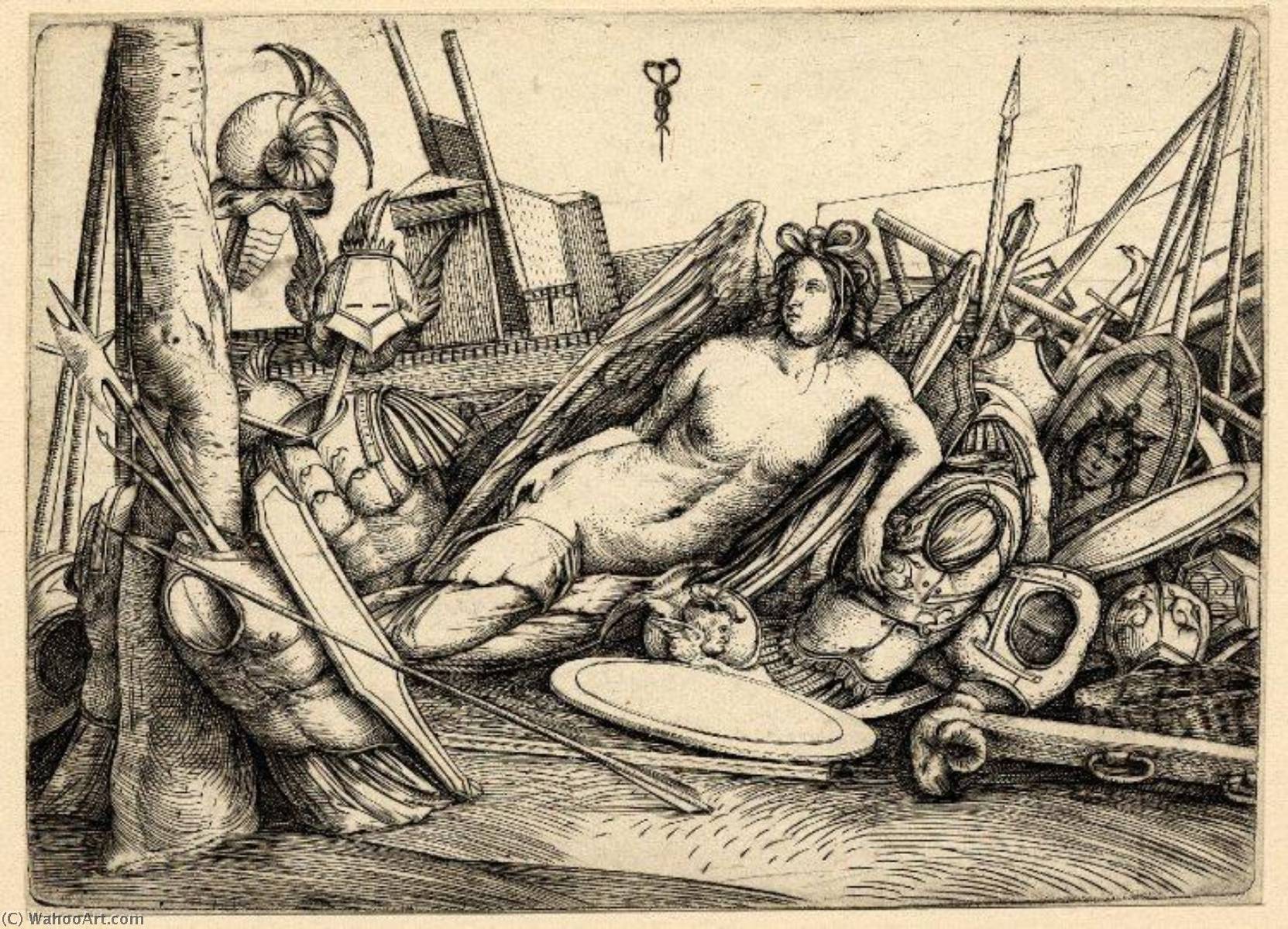 WikiOO.org - Encyclopedia of Fine Arts - Lukisan, Artwork Jacopo Barbari - A female figure of Victory reclining amid a pile of trophies of war