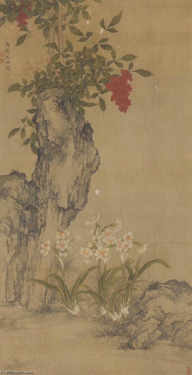 WikiOO.org – 美術百科全書 - 繪畫，作品 Shen Quan - 水仙 和  岩石