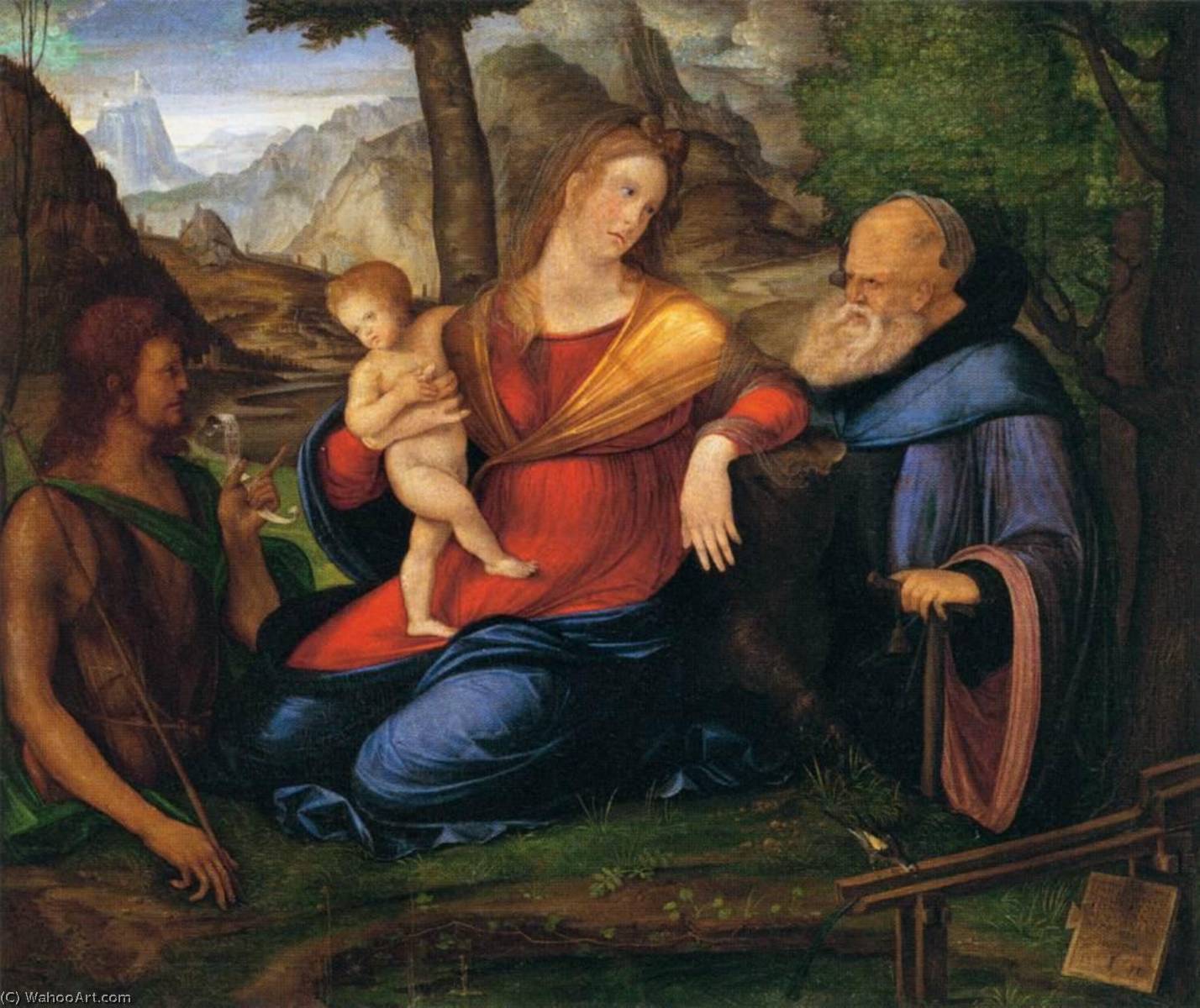 Wikioo.org - The Encyclopedia of Fine Arts - Painting, Artwork by Jacopo Barbari - Virgin and Child Flanked by St John the Baptist and St Anthony Abbot