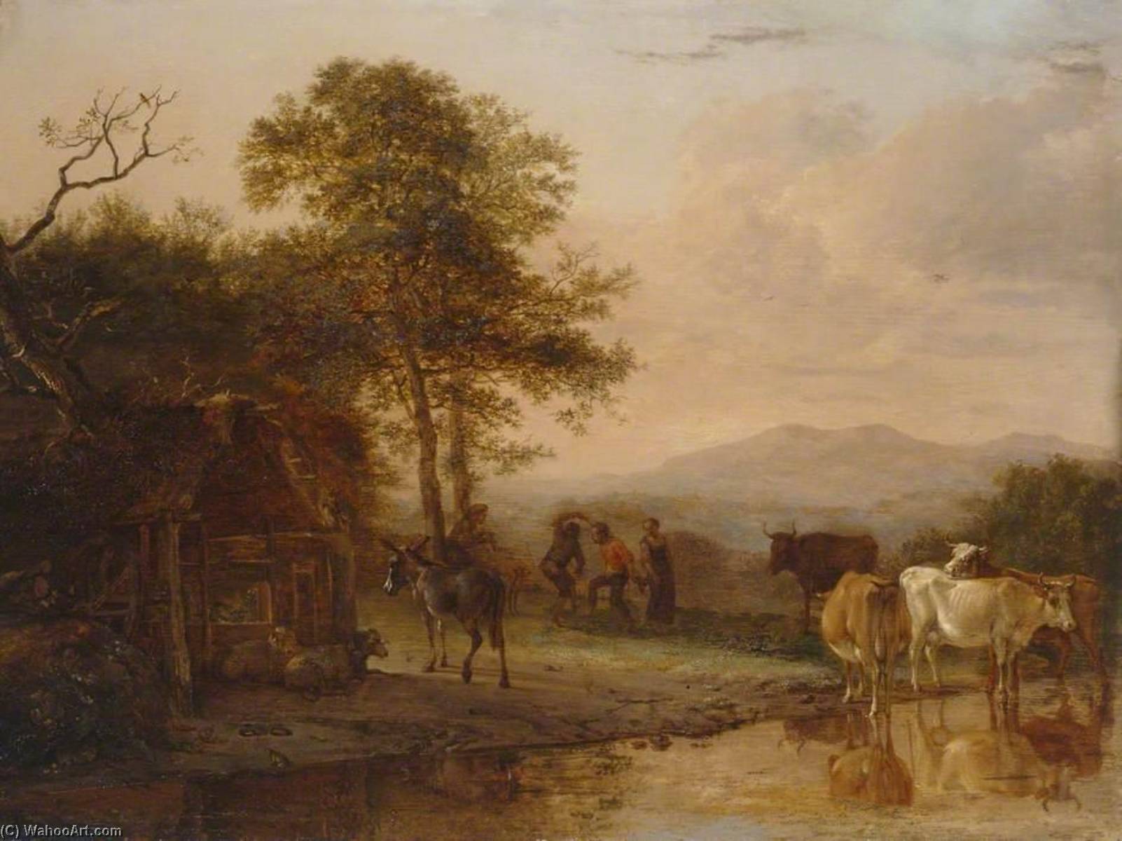 Wikioo.org - The Encyclopedia of Fine Arts - Painting, Artwork by Paulus Pietersz Potter - Evening Landscape with Cattle and Peasants Dancing to the Sound of a Pipe