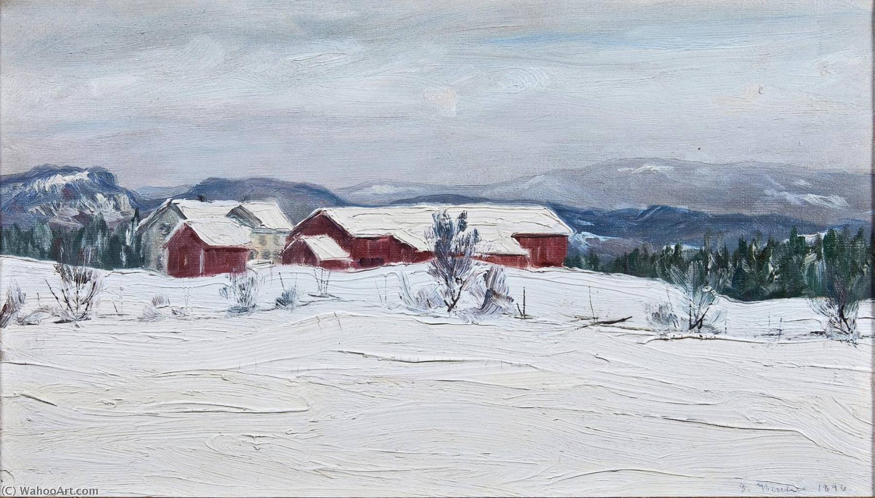 Wikioo.org - The Encyclopedia of Fine Arts - Painting, Artwork by Gustav Wentzel - Farm in Asker, winter