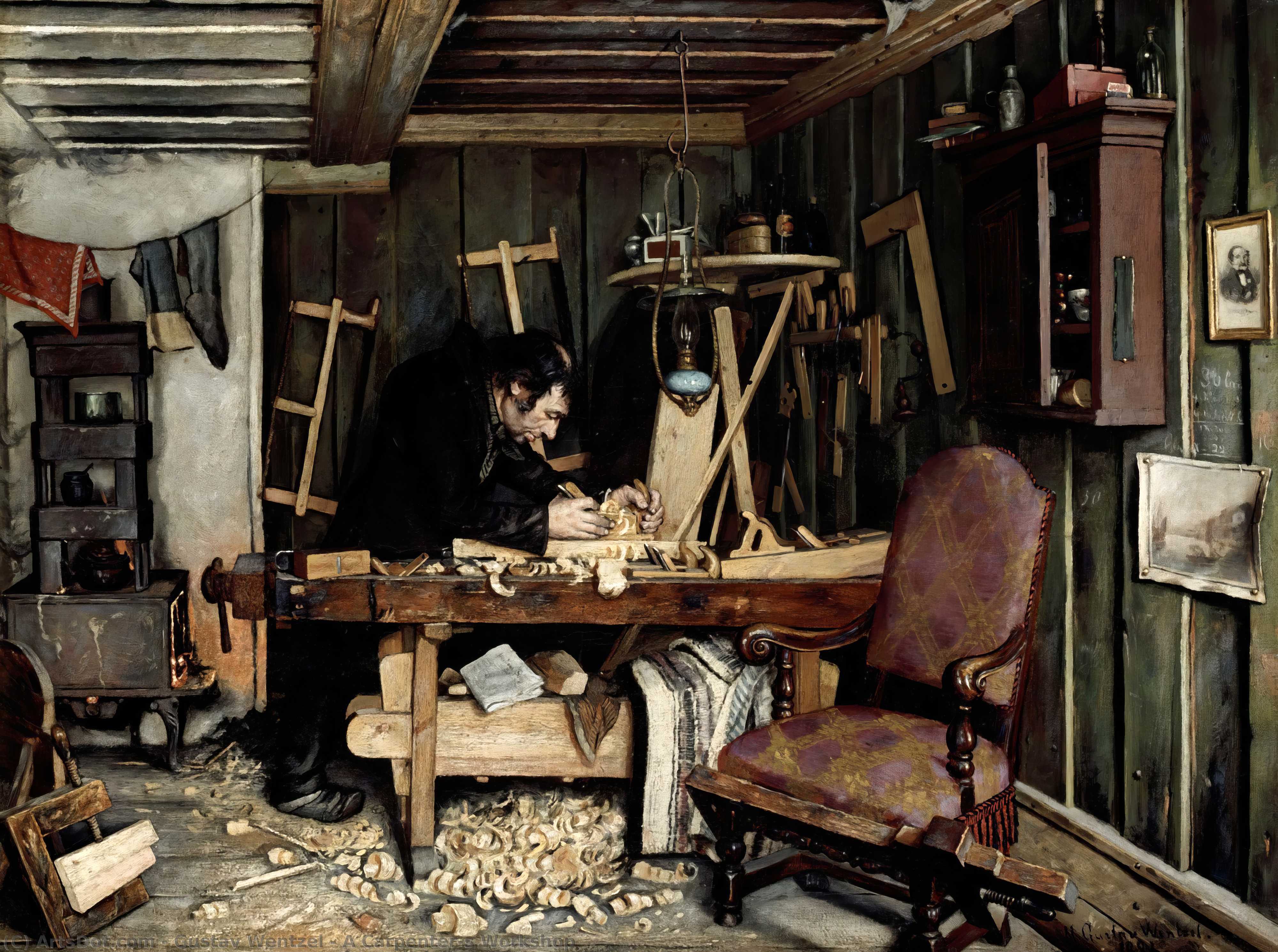 Wikioo.org – La Enciclopedia de las Bellas Artes - Pintura, Obras de arte de Gustav Wentzel - norwegian snekkerverksted Un carpinteros taller