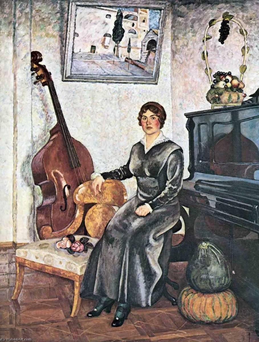 Wikioo.org - The Encyclopedia of Fine Arts - Painting, Artwork by Ilya Ivanovich Mashkov - Lady with a contrabass