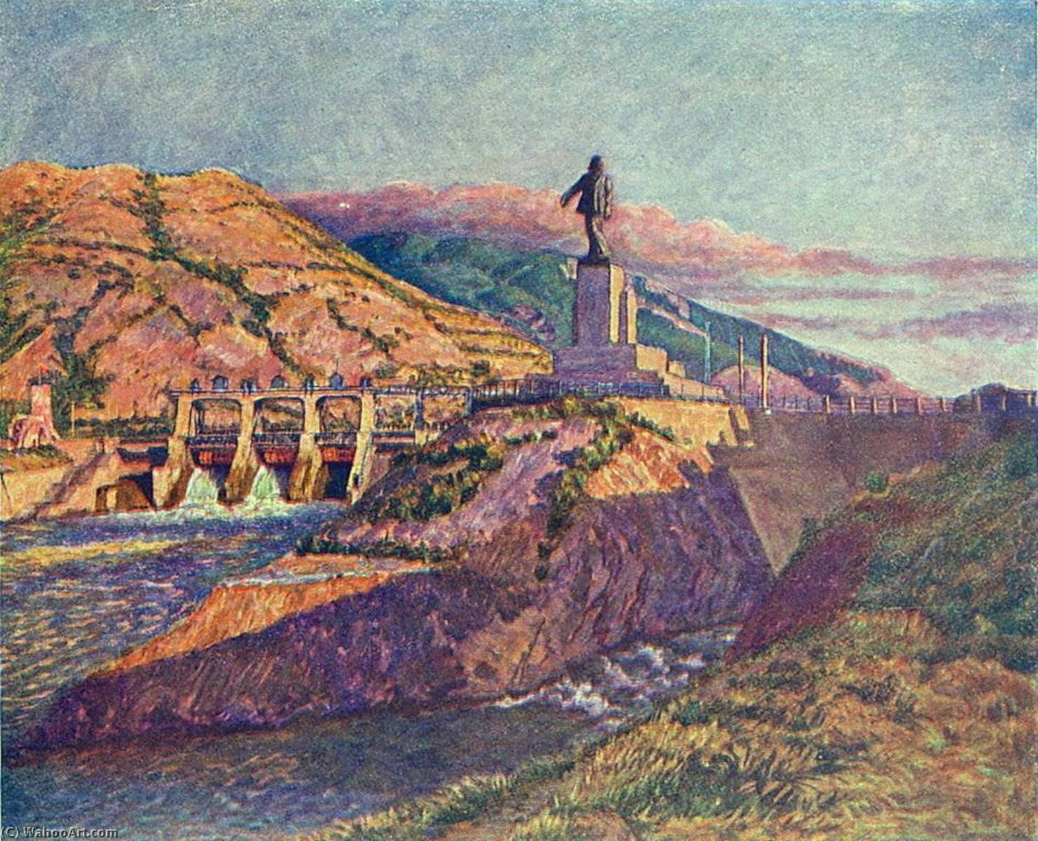 Wikioo.org - The Encyclopedia of Fine Arts - Painting, Artwork by Ilya Ivanovich Mashkov - Hydroelectric Power Plant and a Statue of Lenin