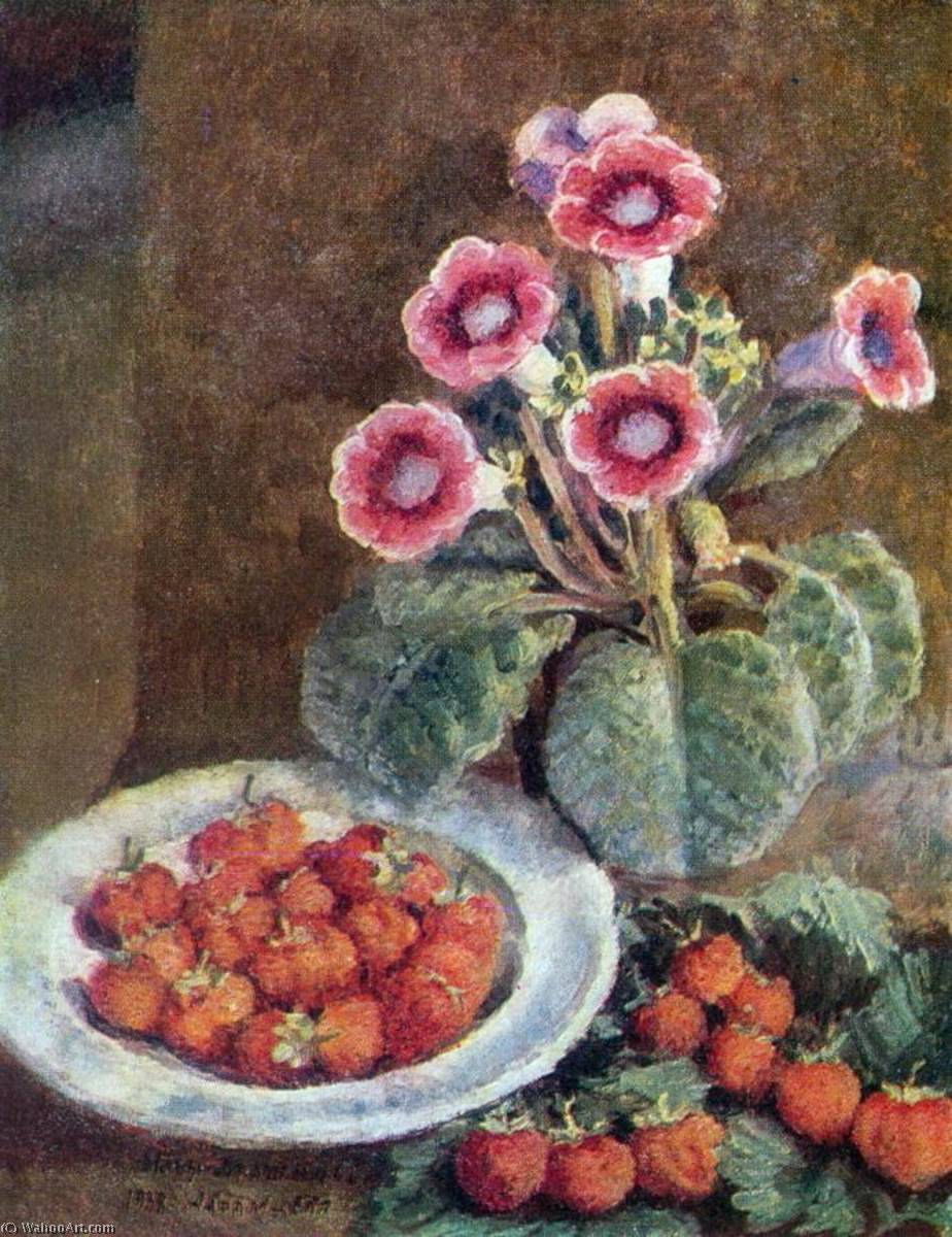 WikiOO.org - Enciclopédia das Belas Artes - Pintura, Arte por Ilya Ivanovich Mashkov - A flower in a pot and strawberries