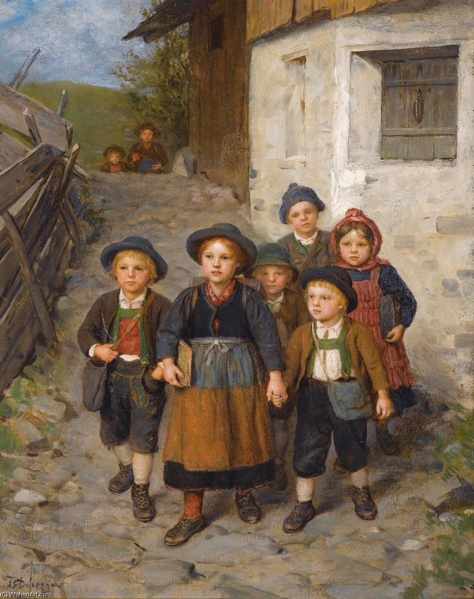Wikioo.org - The Encyclopedia of Fine Arts - Painting, Artwork by Franz Von Defregger - Auf dem schulweg (going to school)