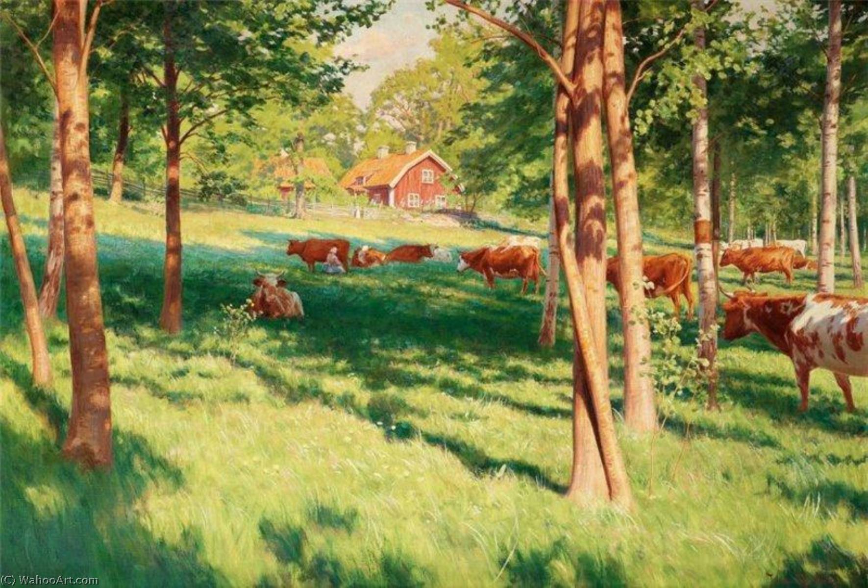 Wikioo.org - The Encyclopedia of Fine Arts - Painting, Artwork by Johan Krouthén - Grazing cows at Schedevi, Tjärstad
