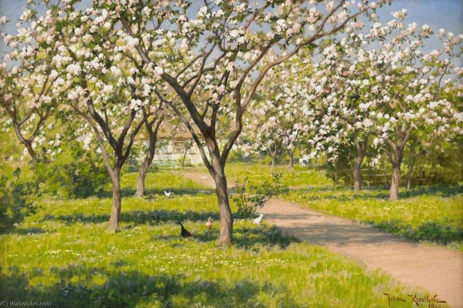 Wikioo.org - The Encyclopedia of Fine Arts - Painting, Artwork by Johan Krouthén - Farm idyll with blooming apple trees and chickens