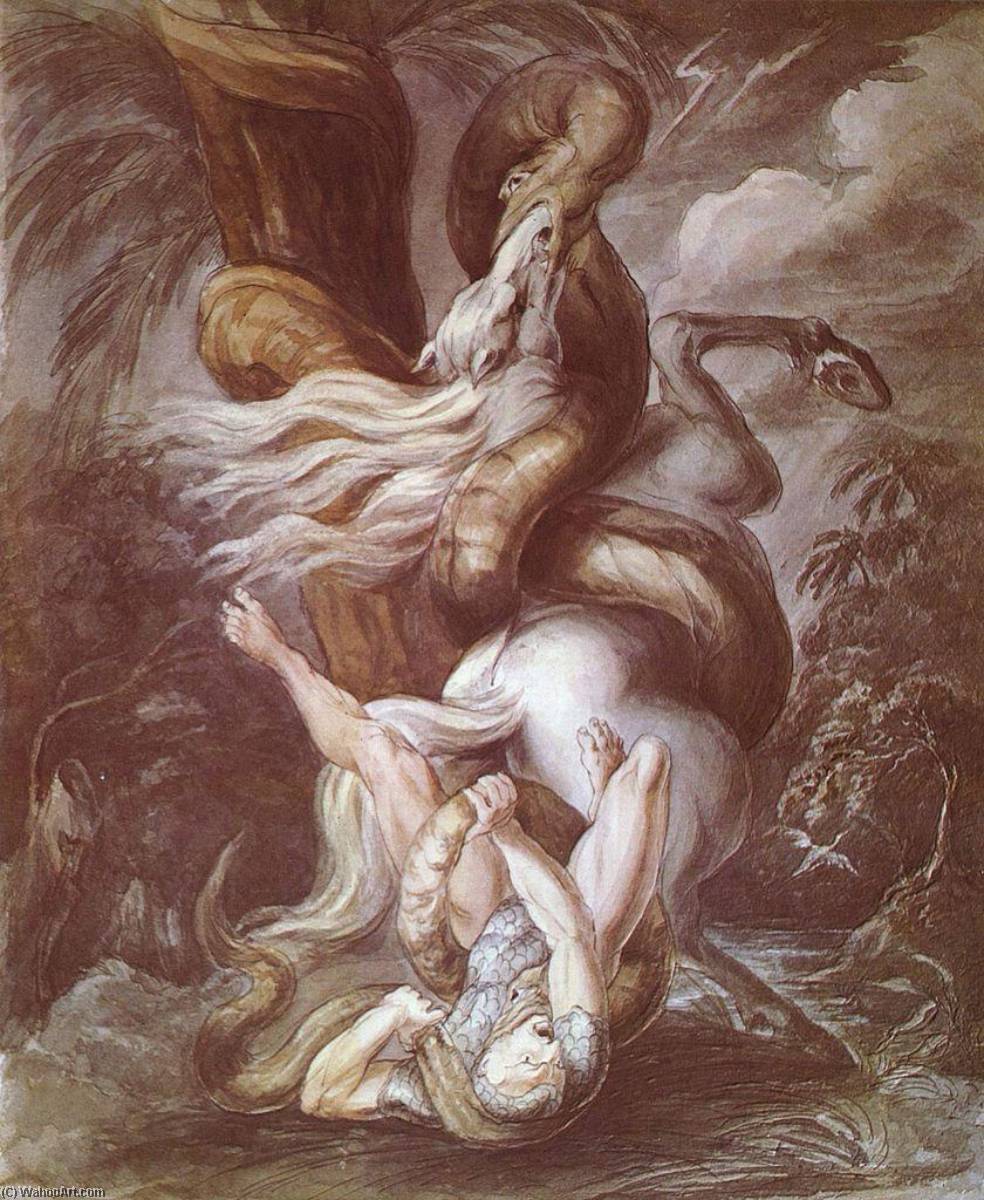 Wikioo.org – L'Encyclopédie des Beaux Arts - Peinture, Oeuvre de Henry Fuseli (Johann Heinrich Füssli) - Cavalier attaqué  par de  une  géant  serpent