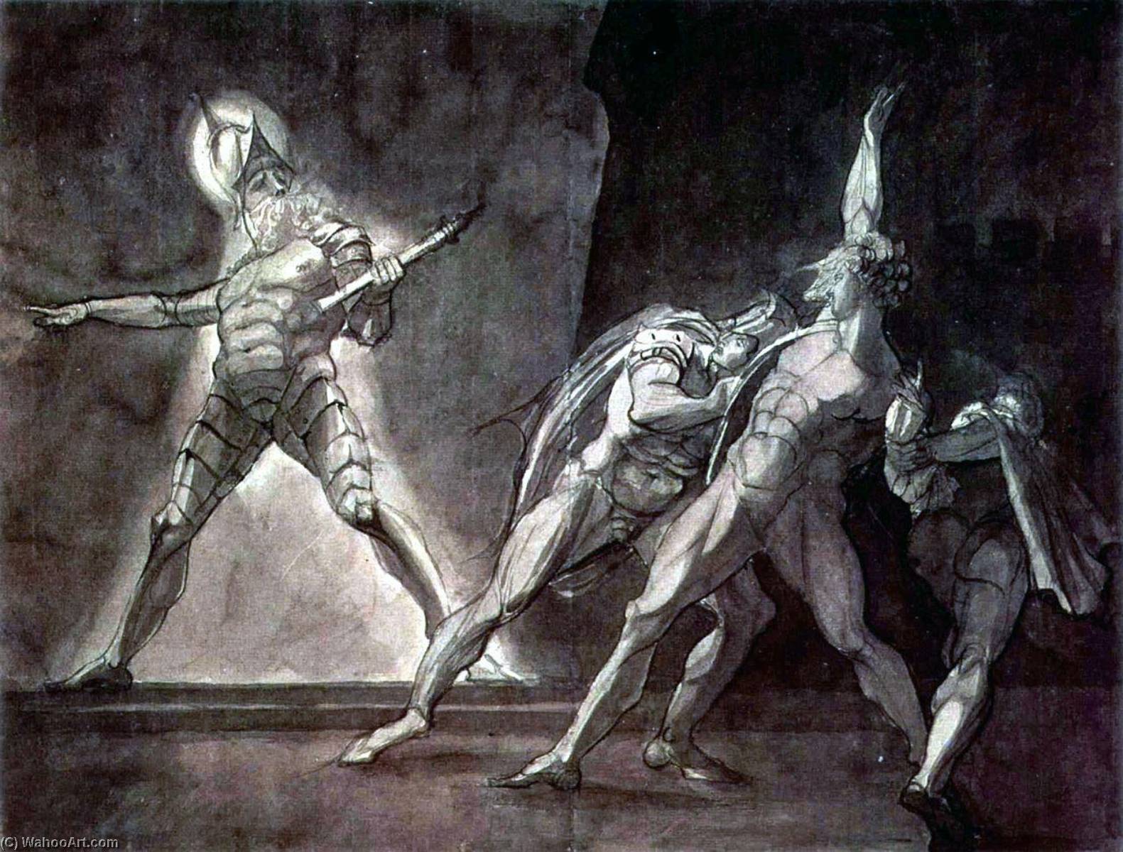 Wikioo.org – La Enciclopedia de las Bellas Artes - Pintura, Obras de arte de Henry Fuseli (Johann Heinrich Füssli) - Hamlet y su father's Fantasma