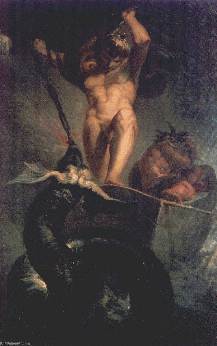 WikiOO.org - Encyclopedia of Fine Arts - Lukisan, Artwork Henry Fuseli (Johann Heinrich Füssli) - Thor fighting the mighty worm Jormundgandr at fishing trip with a giant