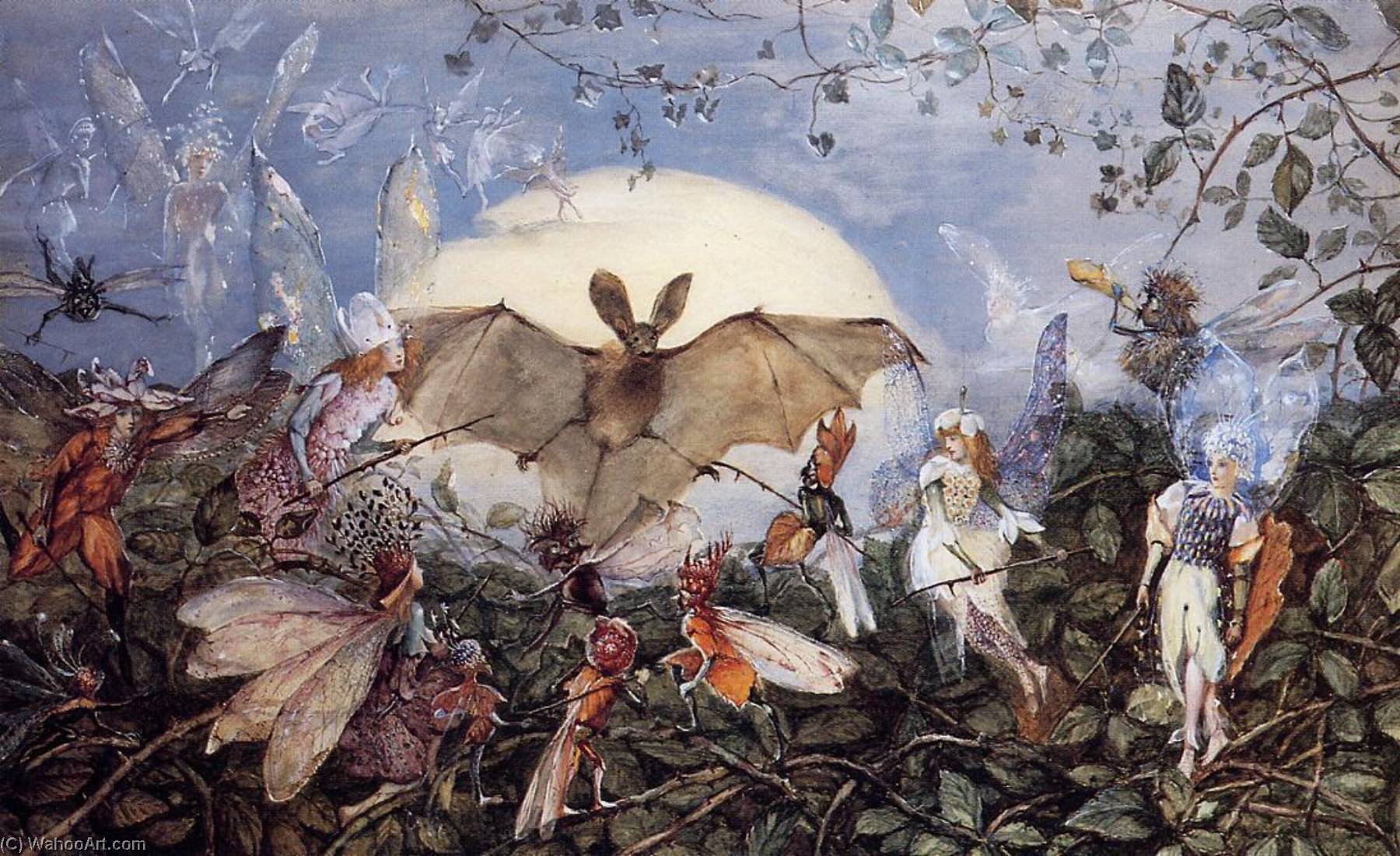 Wikioo.org – L'Encyclopédie des Beaux Arts - Peinture, Oeuvre de John Anster Christian Fitzgerald - Hordes de fées Attaquer  une  batte