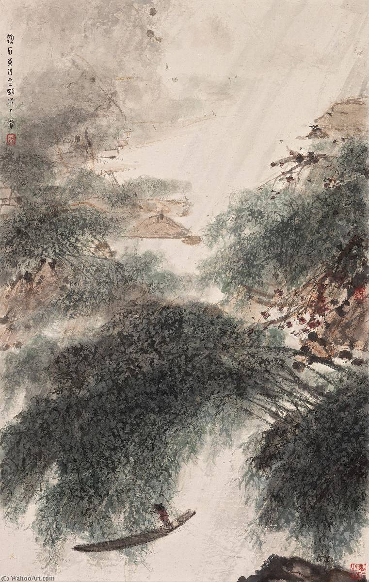 Wikoo.org - موسوعة الفنون الجميلة - اللوحة، العمل الفني Fu Baoshi - BOATING UNDER THE WILLOWS