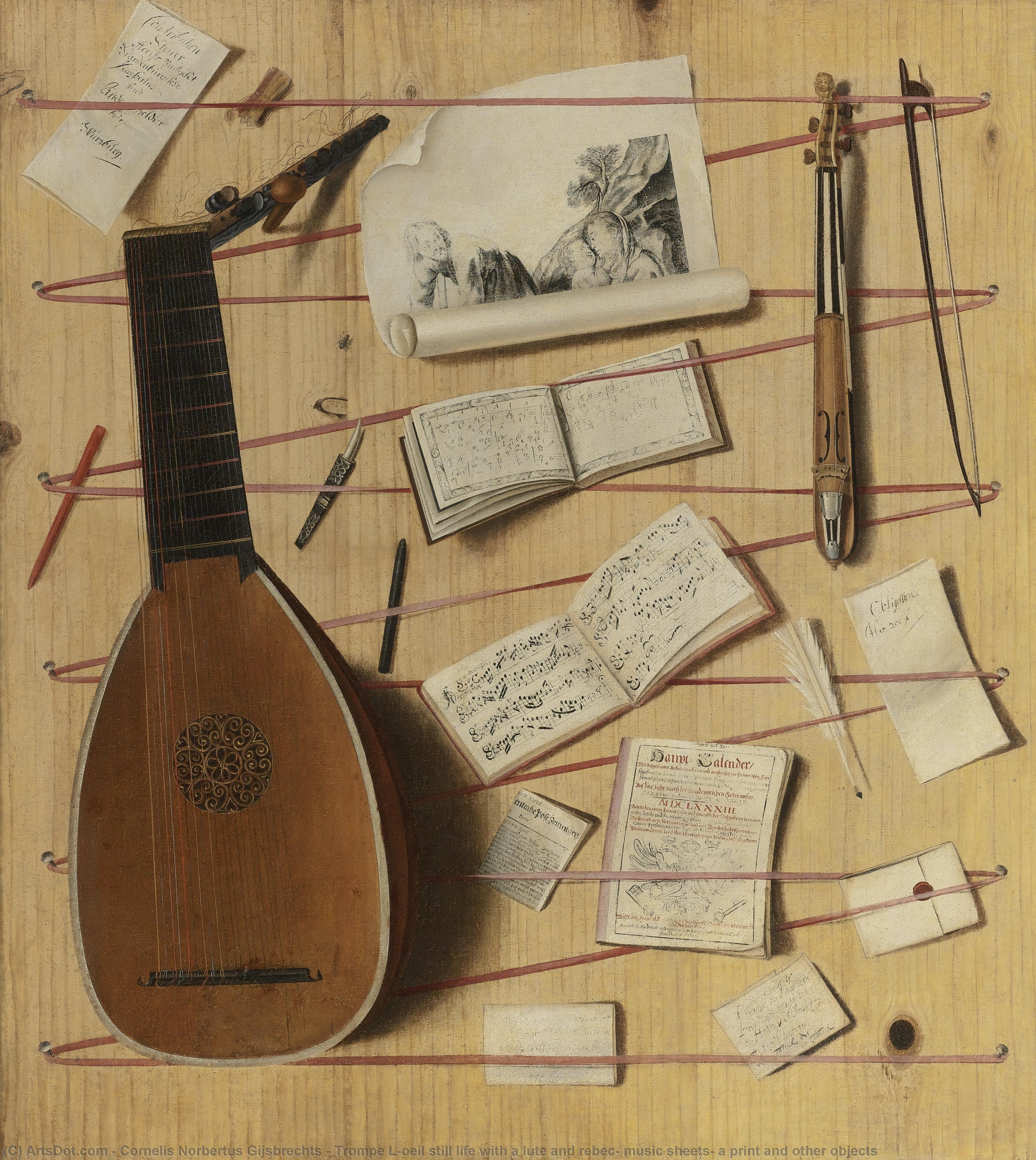 Wikioo.org - The Encyclopedia of Fine Arts - Painting, Artwork by Cornelis Norbertus Gijsbrechts - Trompe L'oeil still life with a lute and rebec, music sheets, a print and other objects